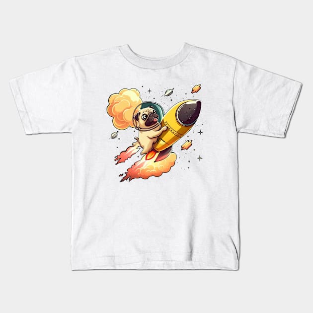 pug flying into space with a rocket Kids T-Shirt by bmron